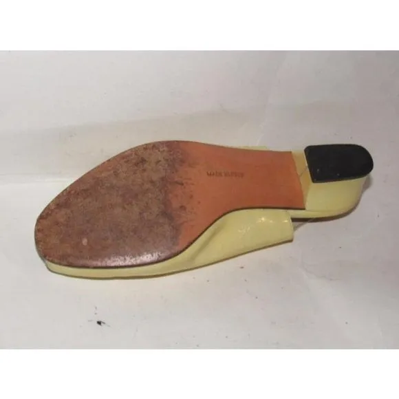 1960's, amazing, MOD Salvatore Ferragamo, size 6.5C, pale yellow patent leather, open toe, 2" chunkier heeled slingback sandals