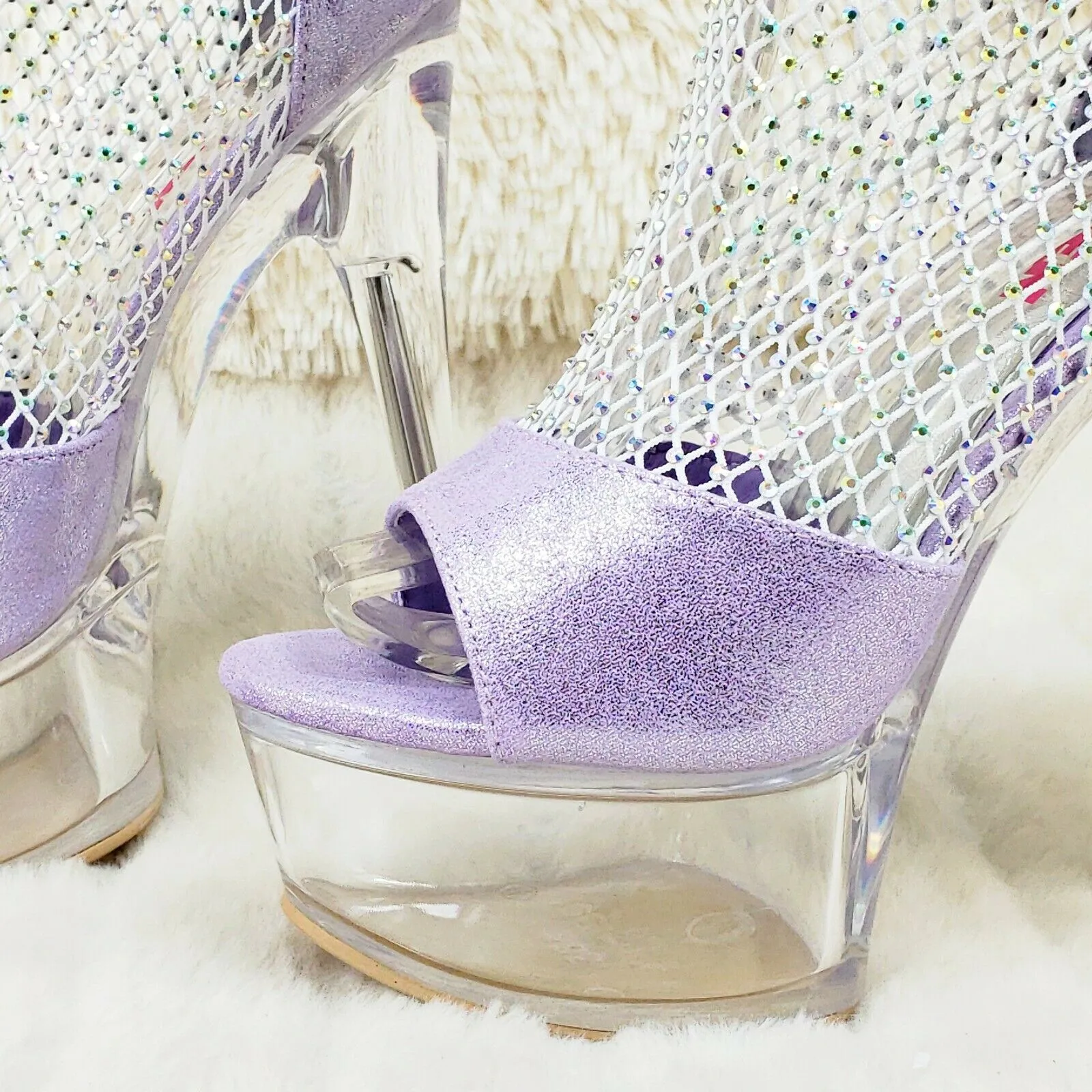 765 Voltaire Lilac Purple Mesh Rhinestone Clear Platform Heels Shootie Boots
