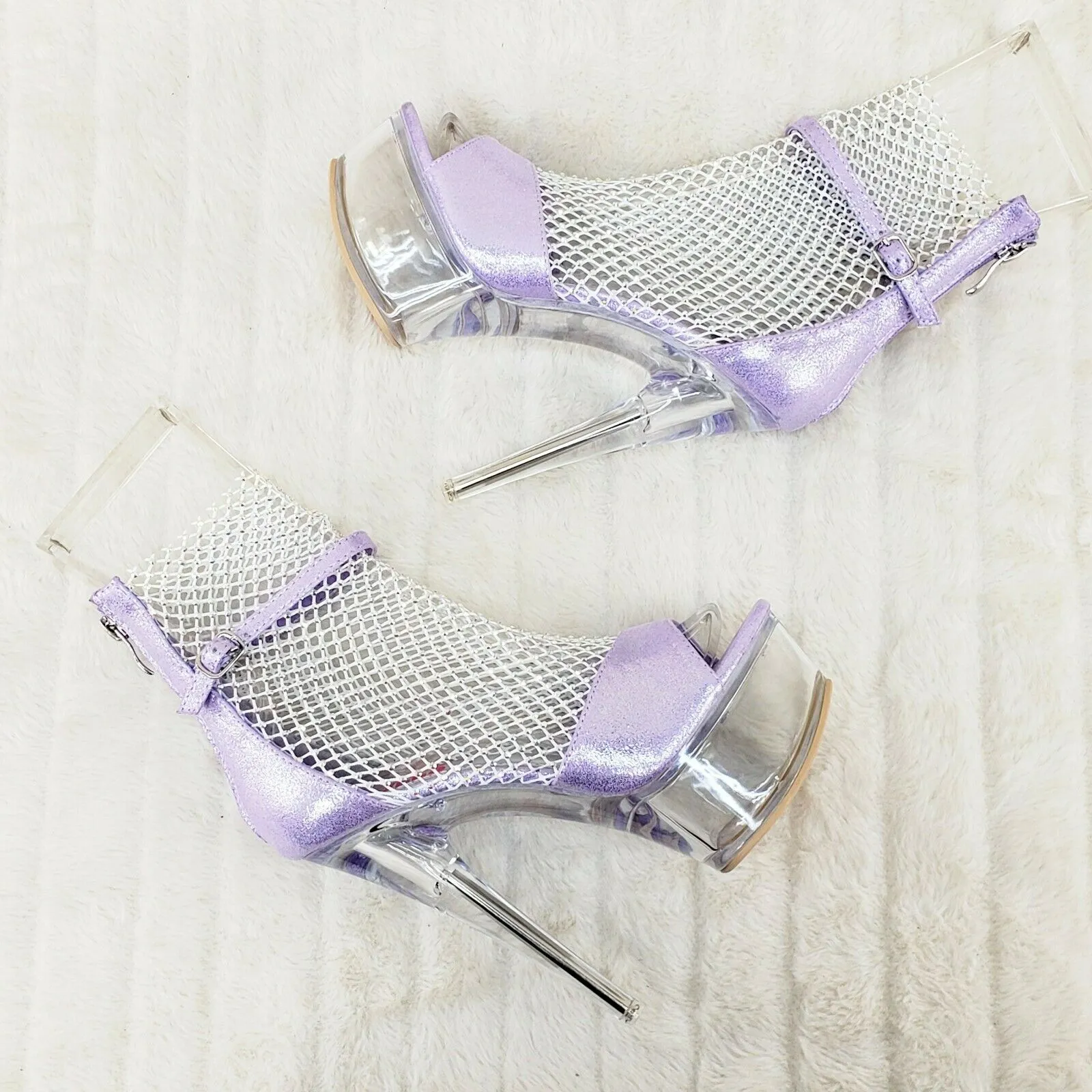 765 Voltaire Lilac Purple Mesh Rhinestone Clear Platform Heels Shootie Boots