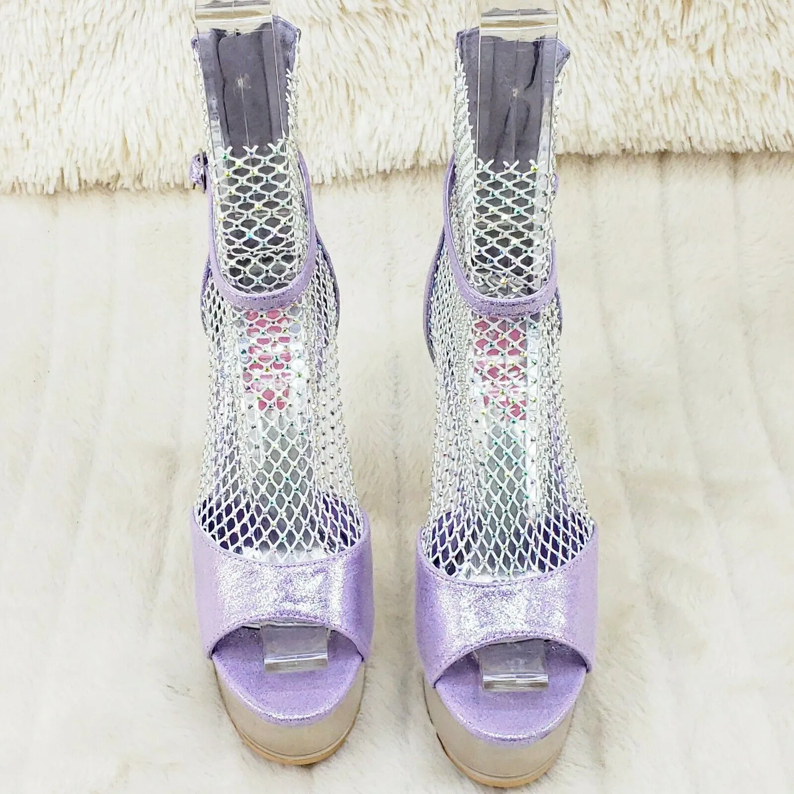765 Voltaire Lilac Purple Mesh Rhinestone Clear Platform Heels Shootie Boots