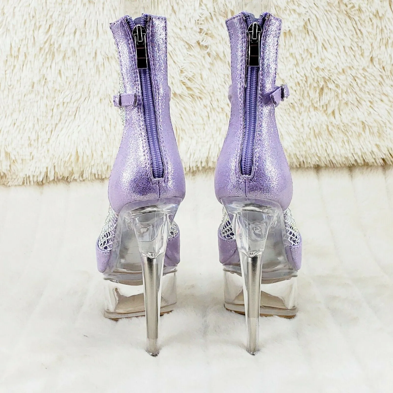 765 Voltaire Lilac Purple Mesh Rhinestone Clear Platform Heels Shootie Boots