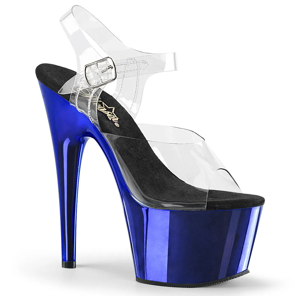 Adore 708 Clear Upper Ankle Strap 7" Heel Blue Chrome Platform Shoes -Direct