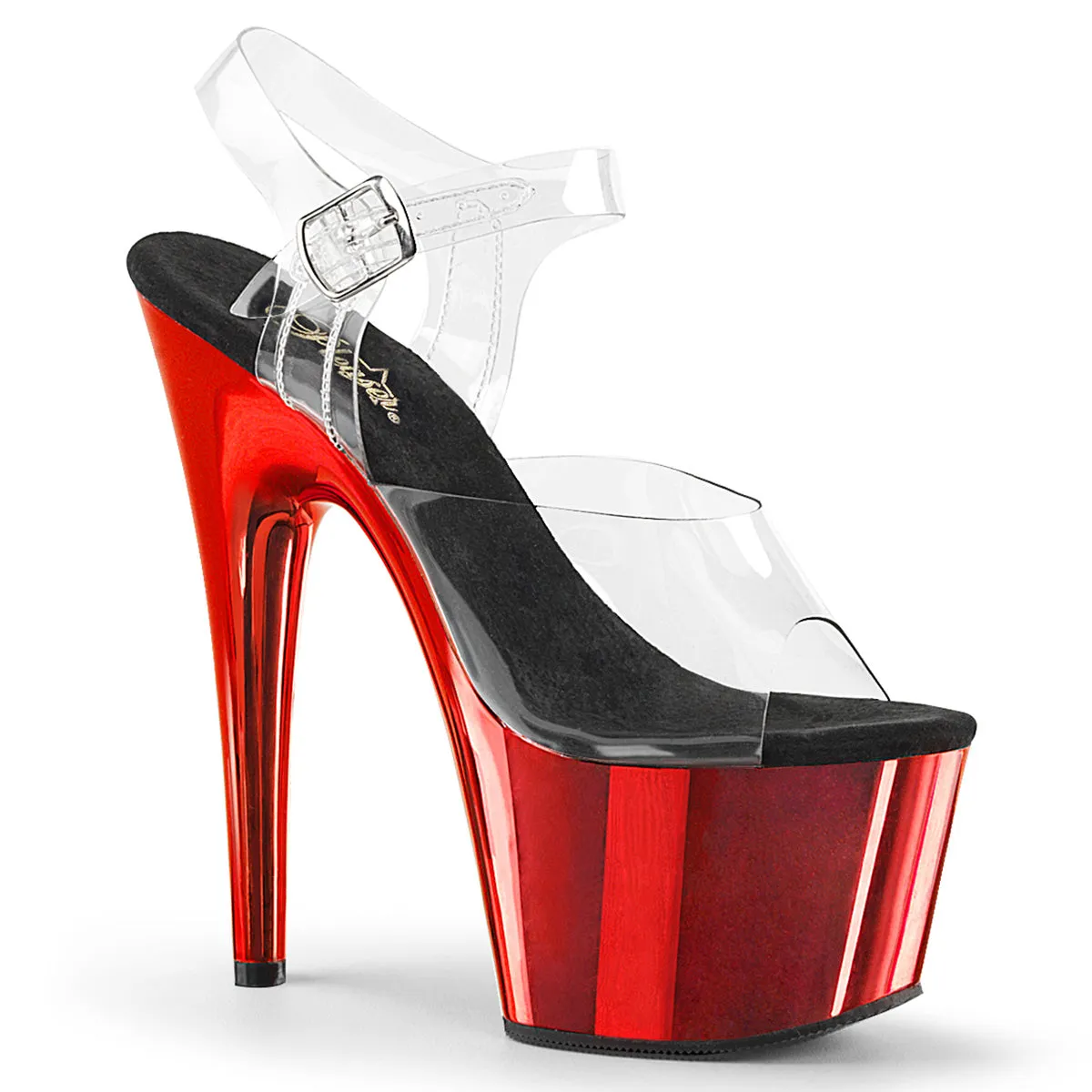Adore 708 Clear Upper Ankle Strap 7" Heel Red Chrome Platform Shoes -Direct