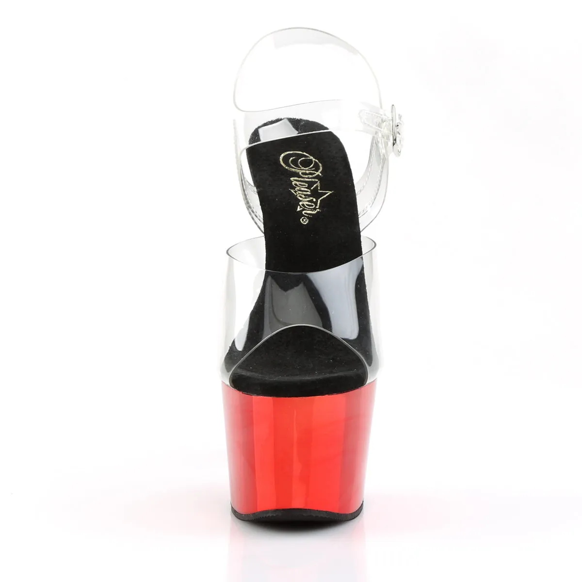 Adore 708 Clear Upper Ankle Strap 7" Heel Red Chrome Platform Shoes -Direct