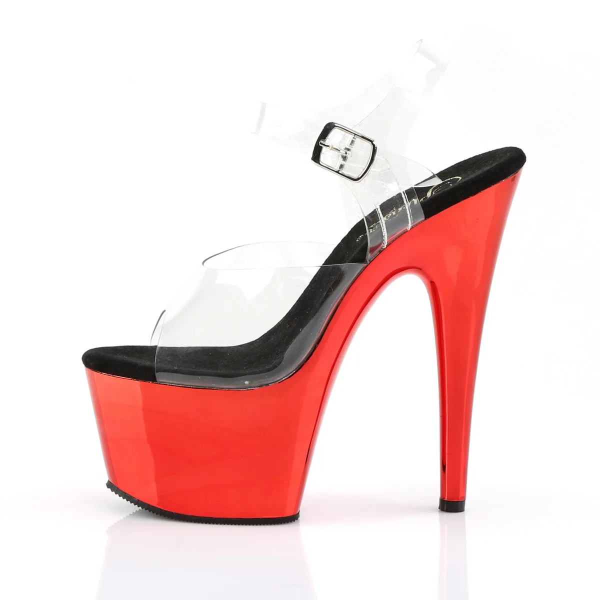 Adore 708 Clear Upper Ankle Strap 7" Heel Red Chrome Platform Shoes -Direct