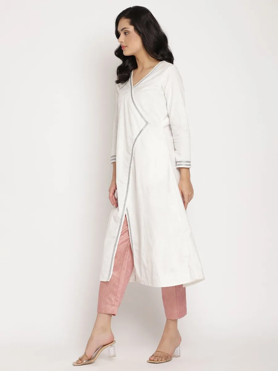 Ahalyaa Women's White Solid Velvet Angrakha Kurta With Gold Printed Pant