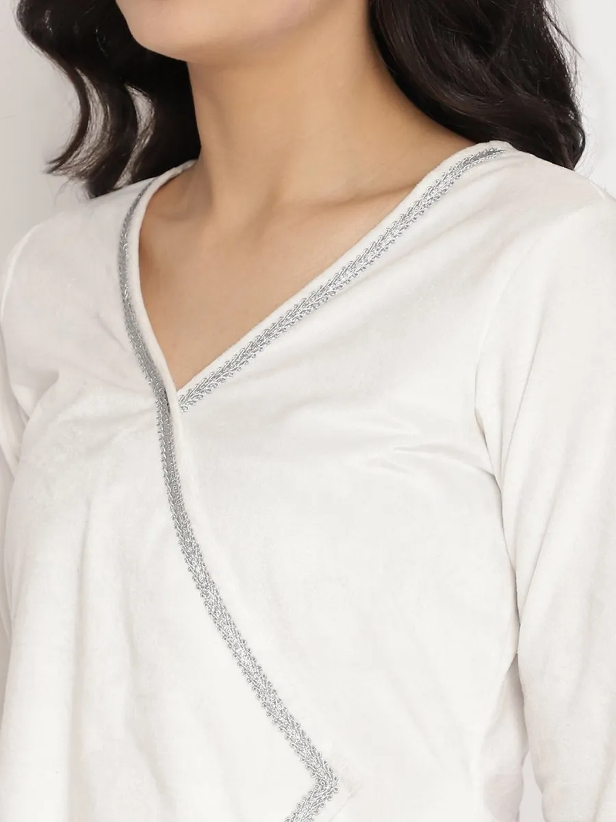 Ahalyaa Women's White Solid Velvet Angrakha Kurta With Gold Printed Pant