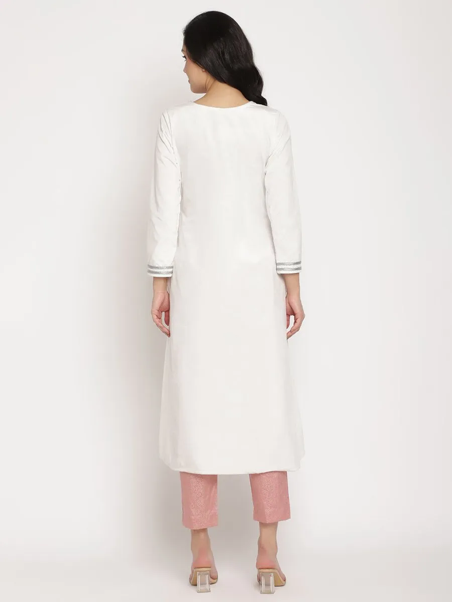 Ahalyaa Women's White Solid Velvet Angrakha Kurta With Gold Printed Pant