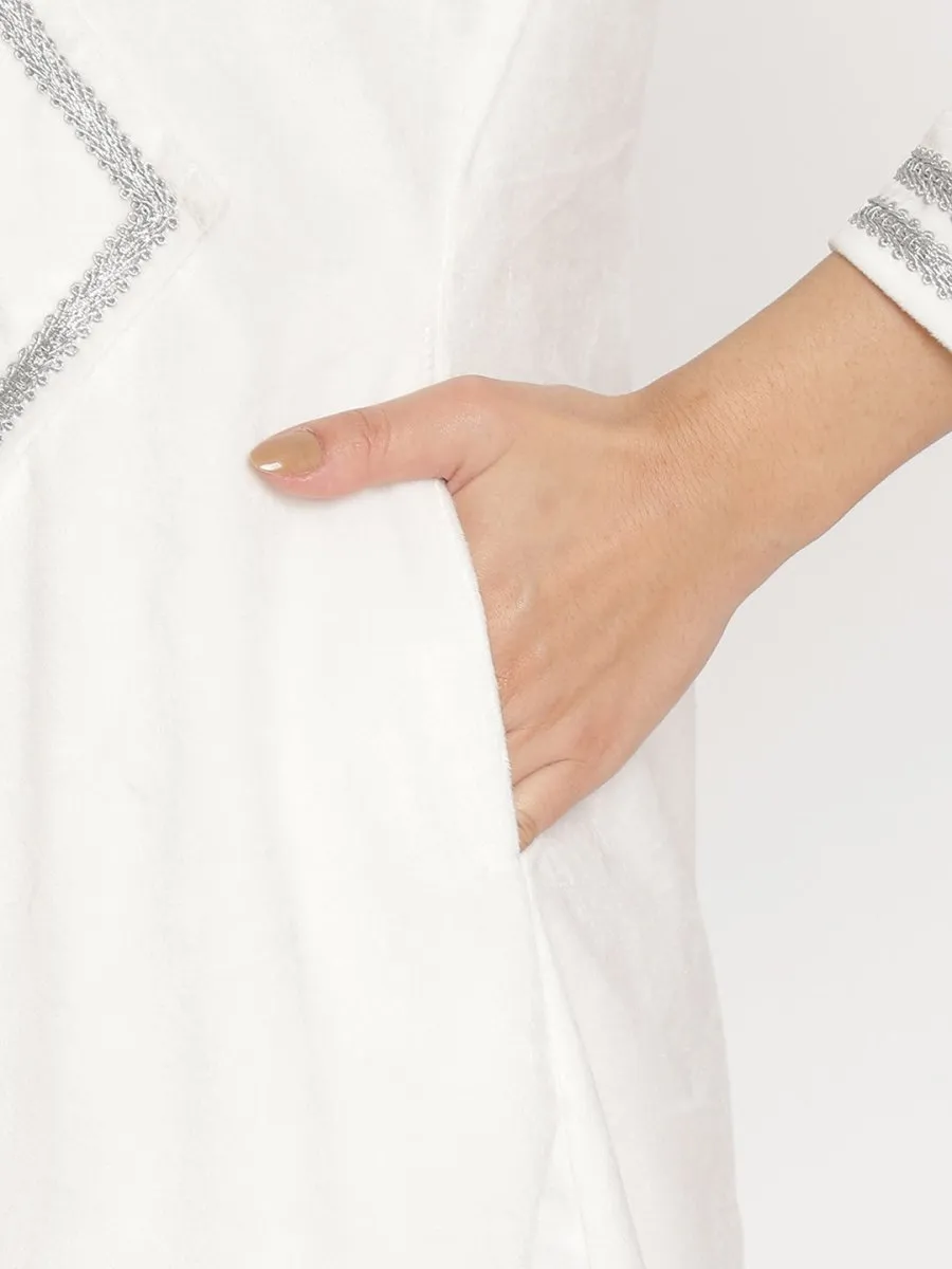 Ahalyaa Women's White Solid Velvet Angrakha Kurta With Gold Printed Pant