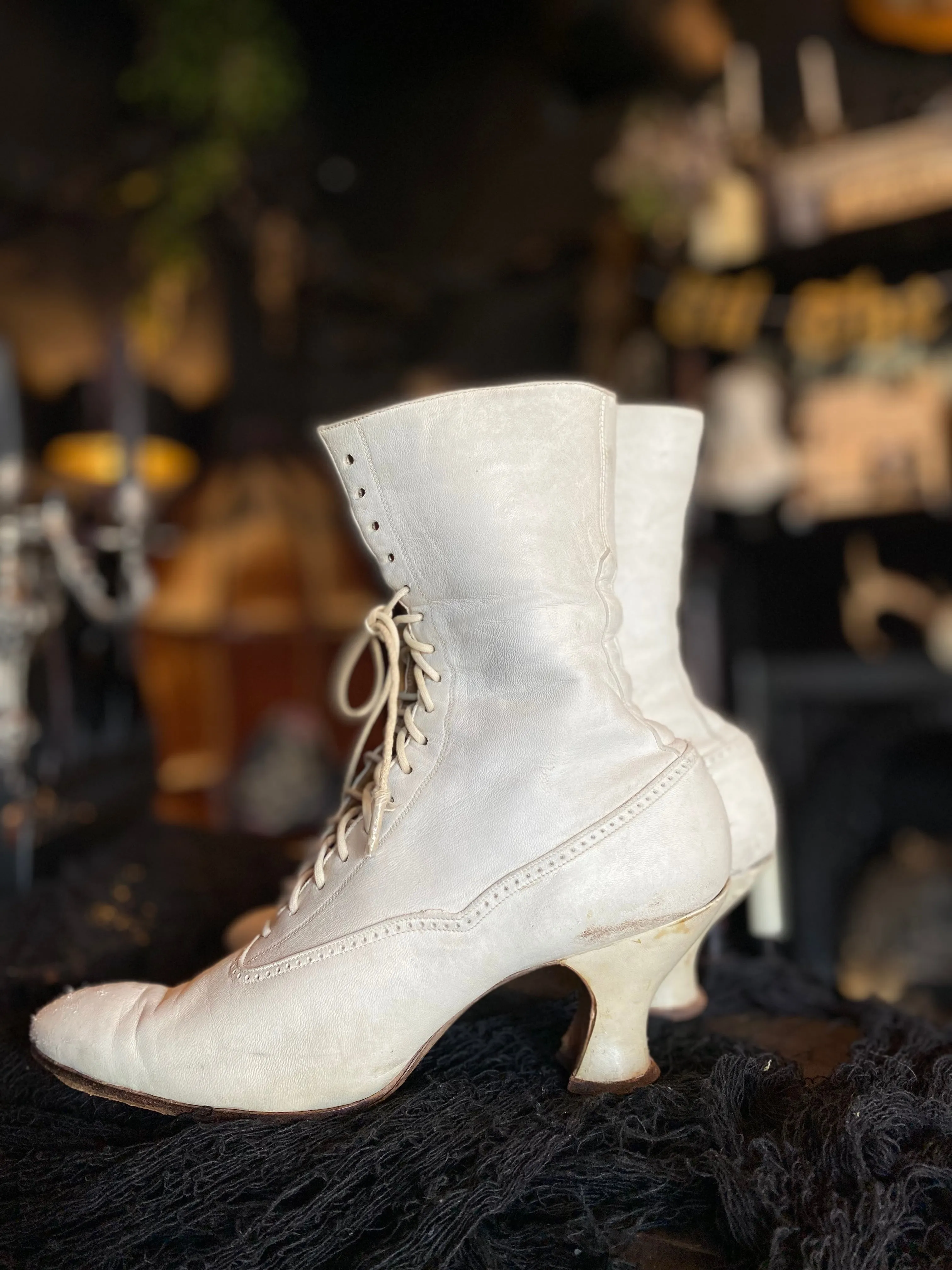 Antique Victorian White Leather Lace-Up Boots