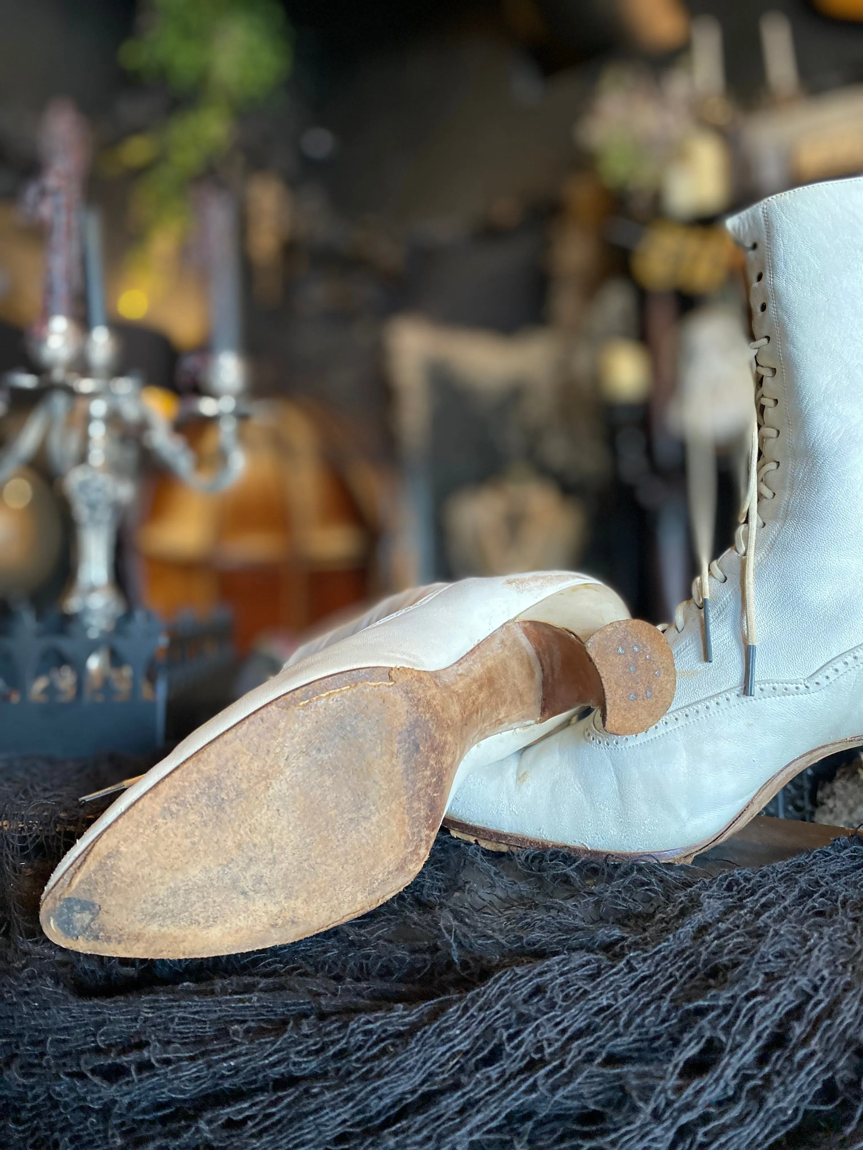 Antique Victorian White Leather Lace-Up Boots