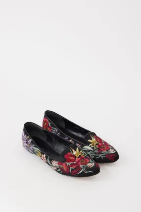 Black & Multicolour Floral Embroidered Flat