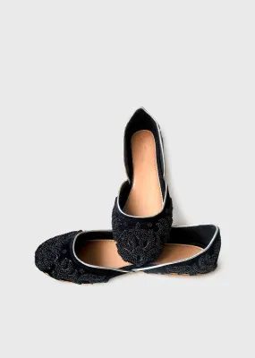 Black Ballet Flats In Velvet With Double Beaded Work In Ethnic Motif Online By Sole House