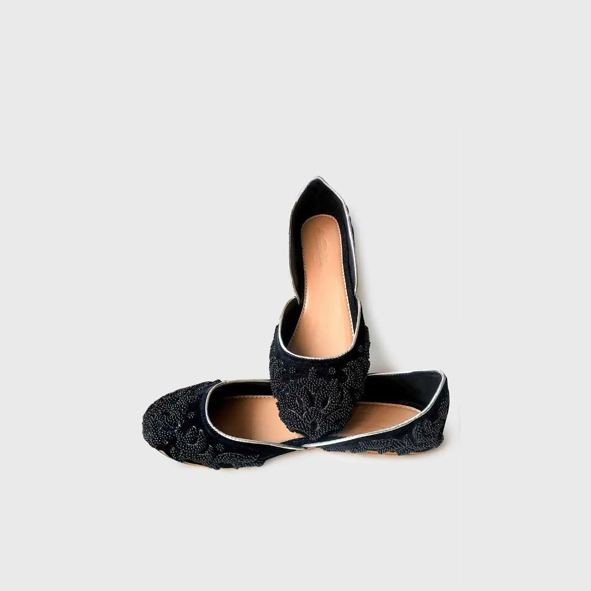 Black Ballet Flats In Velvet With Double Beaded Work In Ethnic Motif Online By Sole House