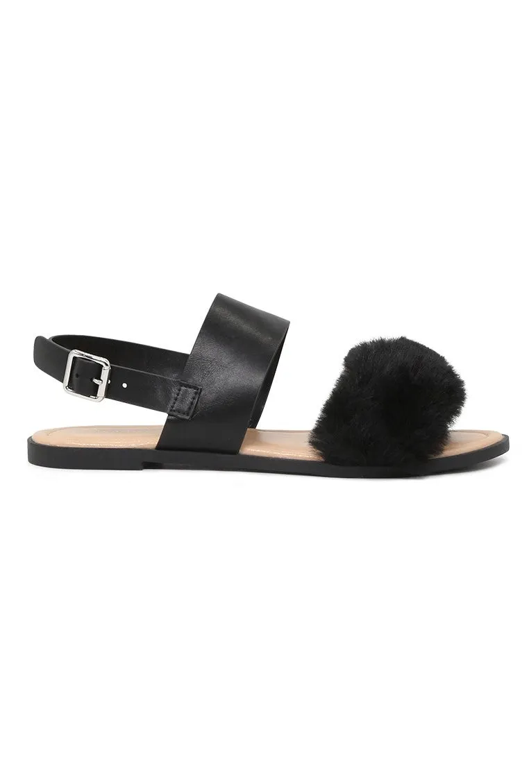 Black Fur Double Strap Slingback Flat Sandals