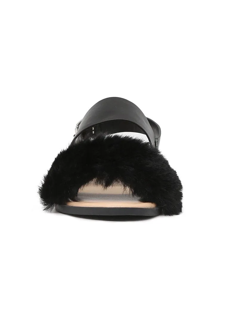 Black Fur Double Strap Slingback Flat Sandals