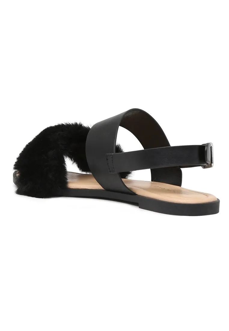 Black Fur Double Strap Slingback Flat Sandals