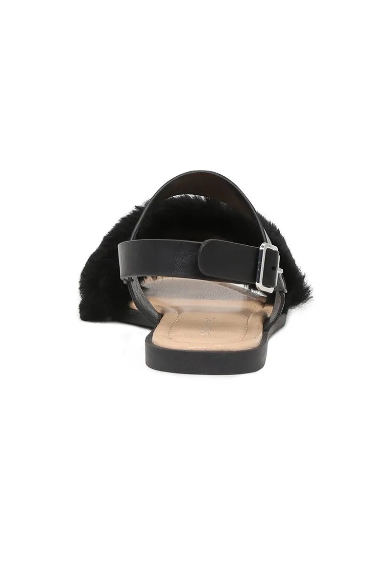 Black Fur Double Strap Slingback Flat Sandals