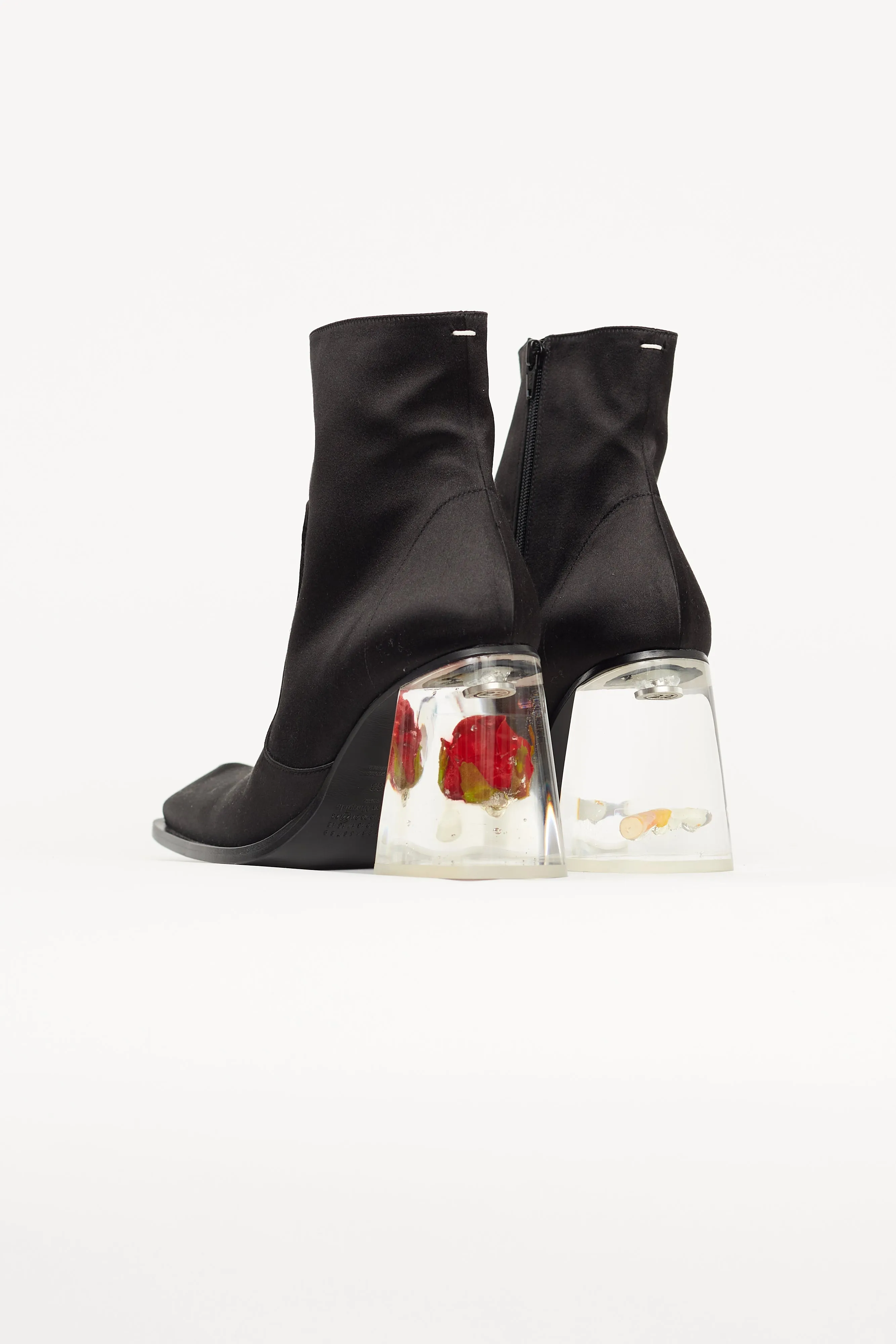 Black Satin Clear Heel Ankle Boot