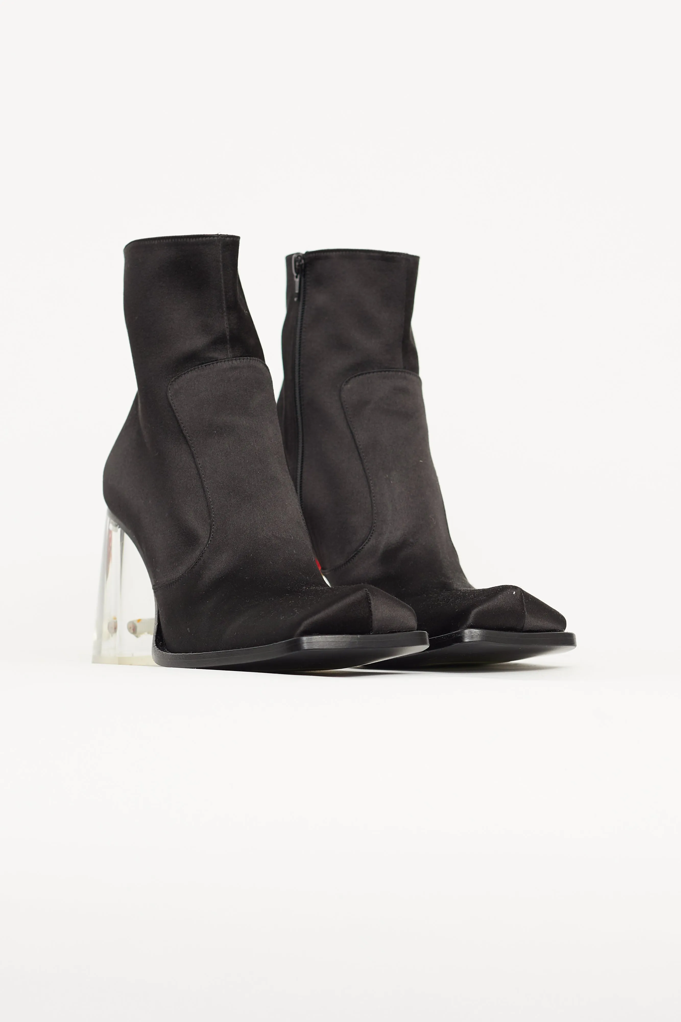 Black Satin Clear Heel Ankle Boot