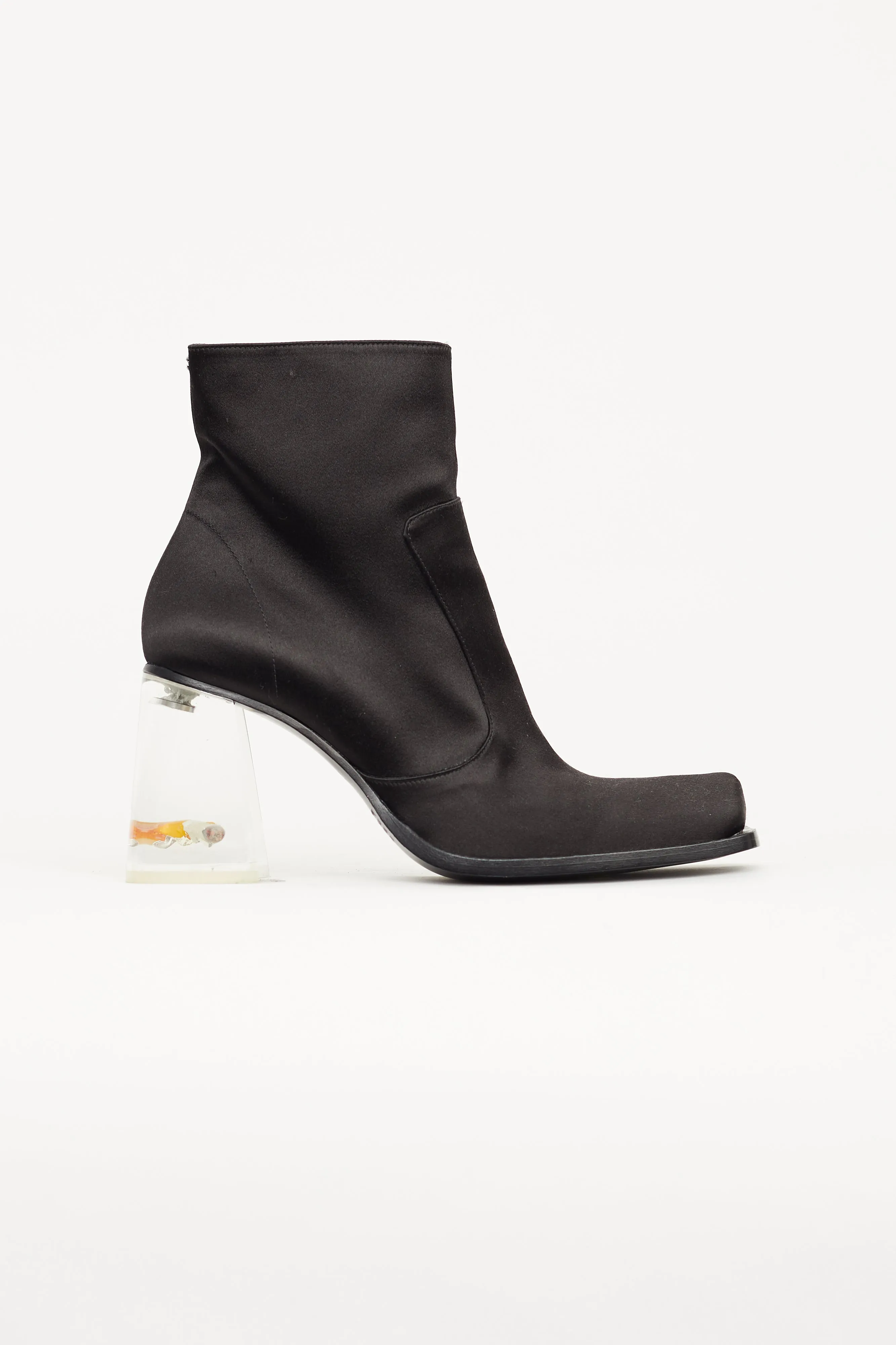Black Satin Clear Heel Ankle Boot