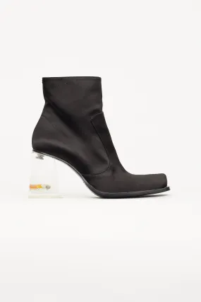 Black Satin Clear Heel Ankle Boot