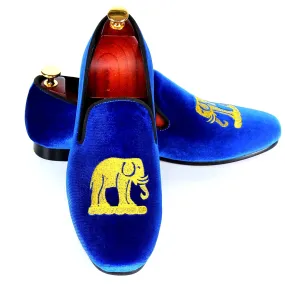 Blue Velvet Men Loafers with Elephant Embroidery