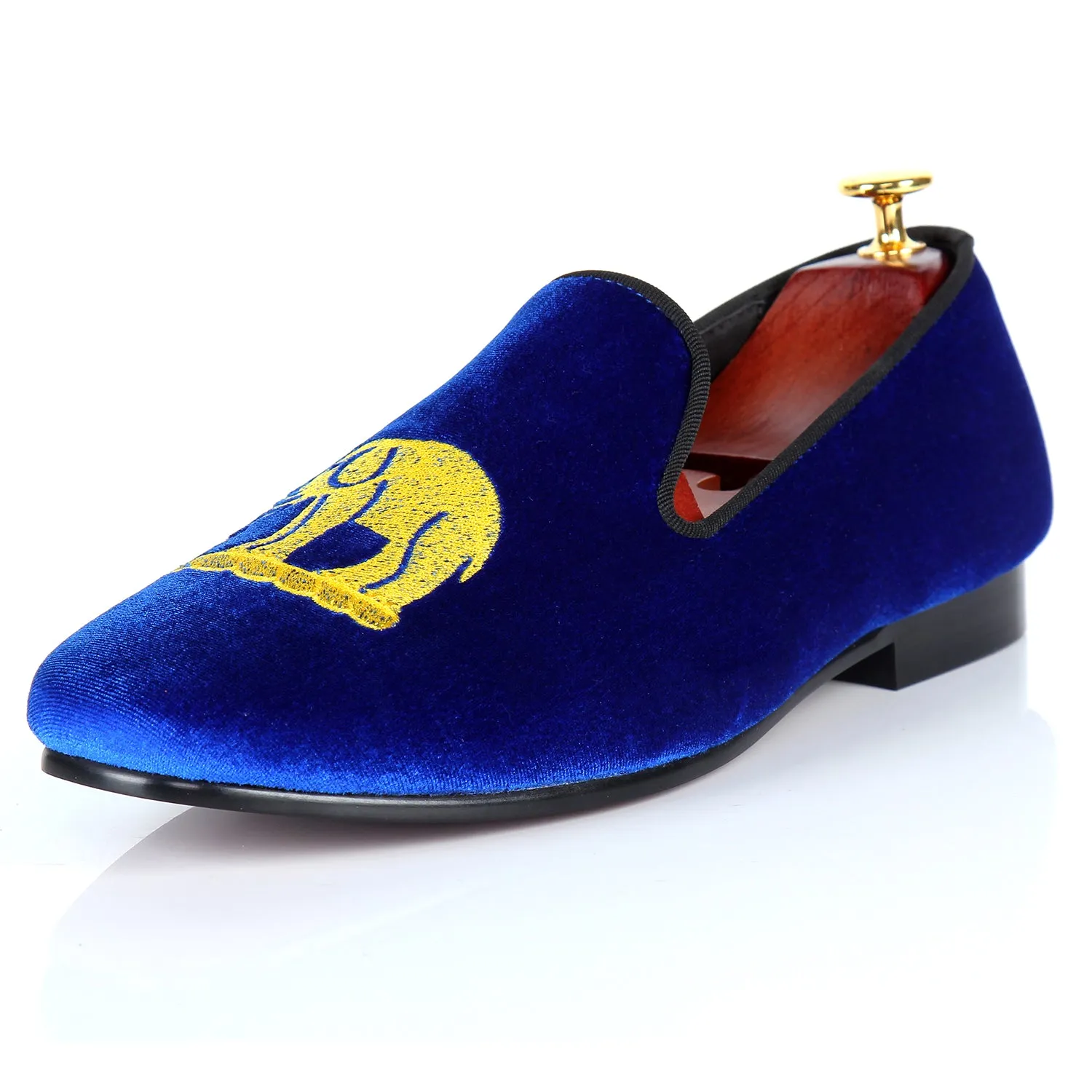 Blue Velvet Men Loafers with Elephant Embroidery