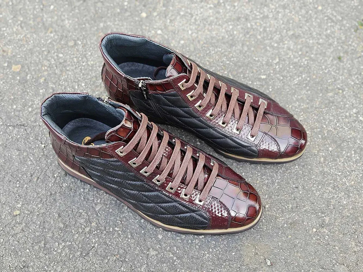 Carrucci Brown Men's Lace-Up Sneakers Embossed Alligator High Top Style-KB626-13E