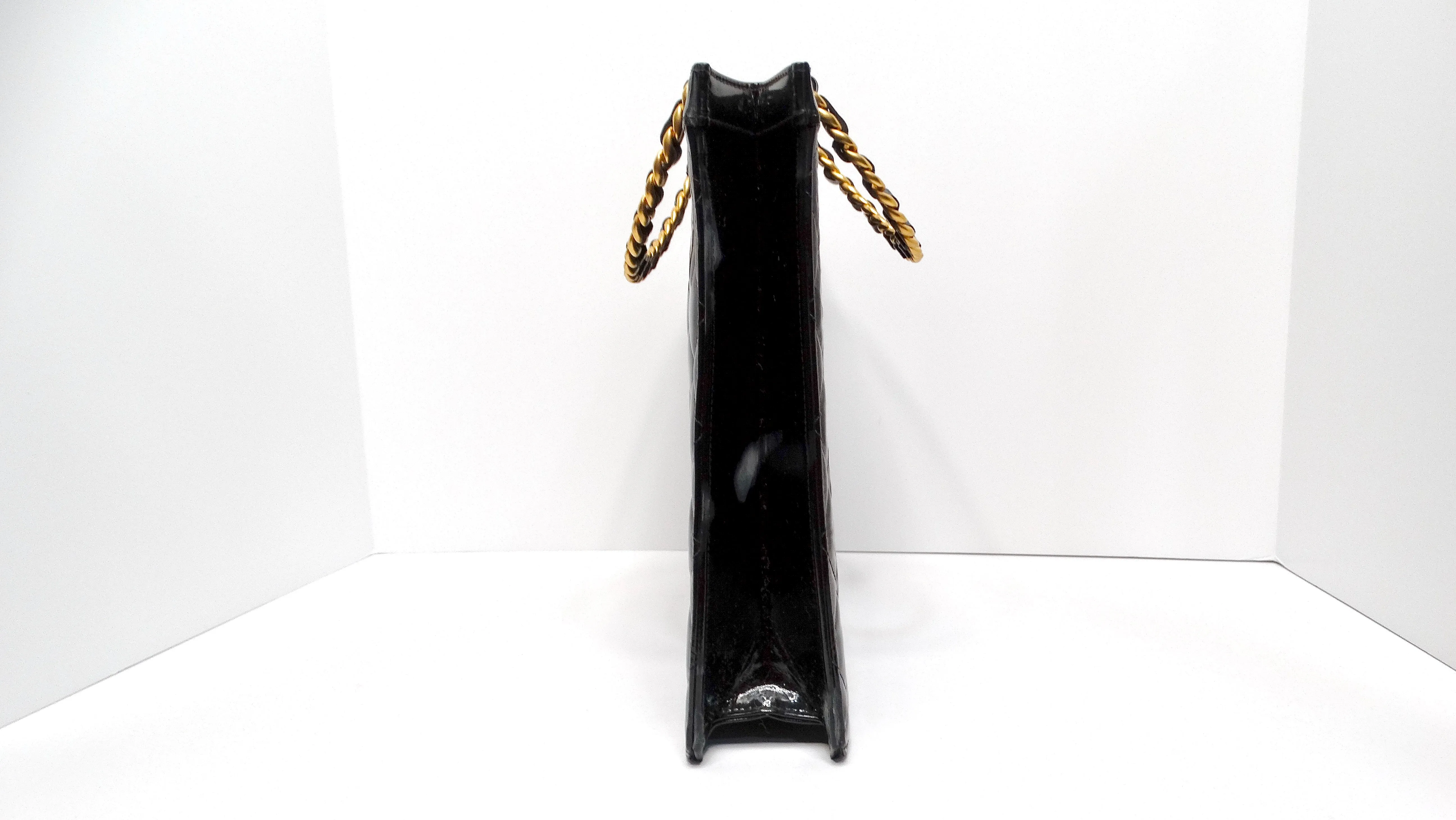 Chanel Circa 1990s Black Quilted Patent Leather Vintage Tote