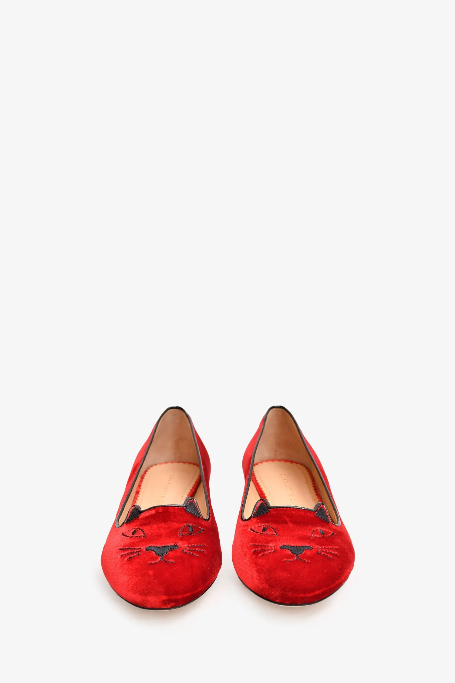 Charlotte Olympia Red Velvet Leather Kitty Flats Size 37.5