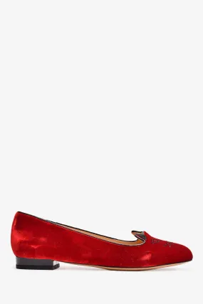 Charlotte Olympia Red Velvet Leather Kitty Flats Size 37.5