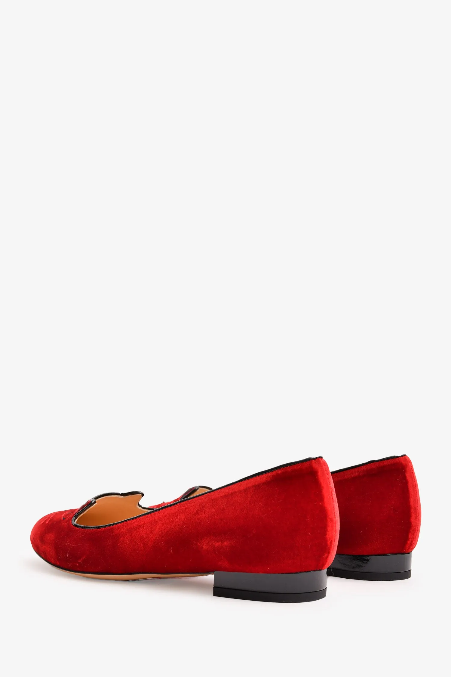 Charlotte Olympia Red Velvet Leather Kitty Flats Size 37.5