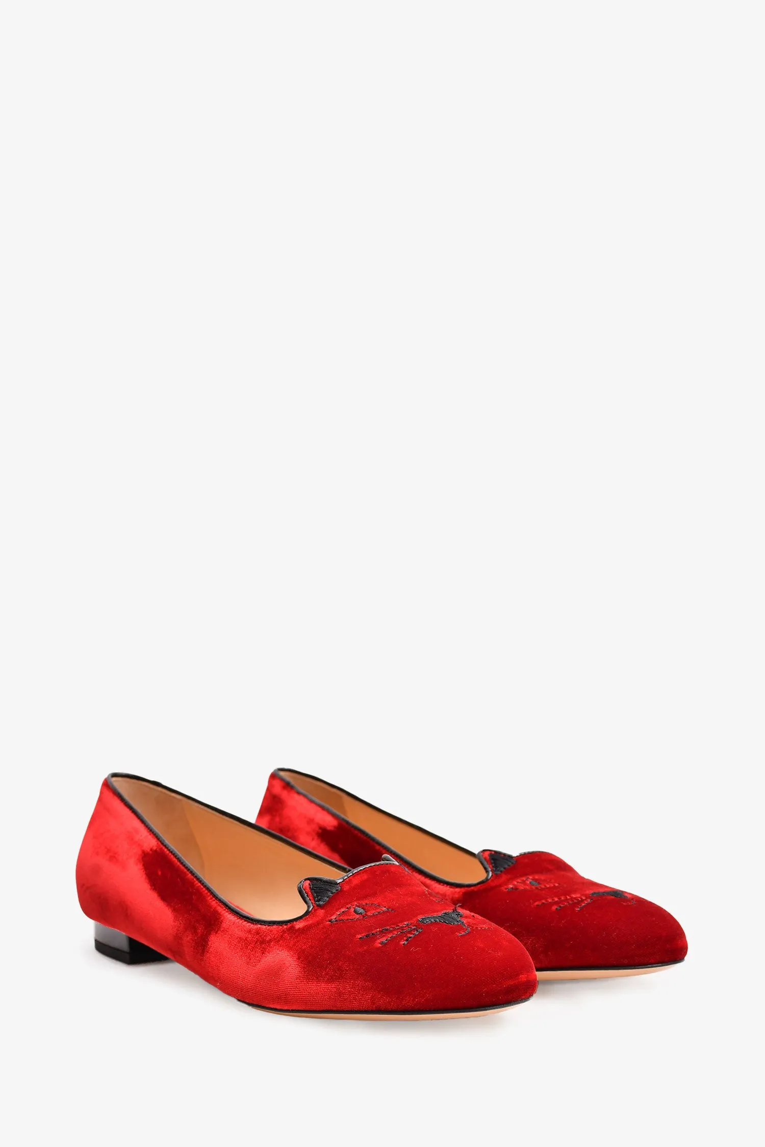 Charlotte Olympia Red Velvet Leather Kitty Flats Size 37.5