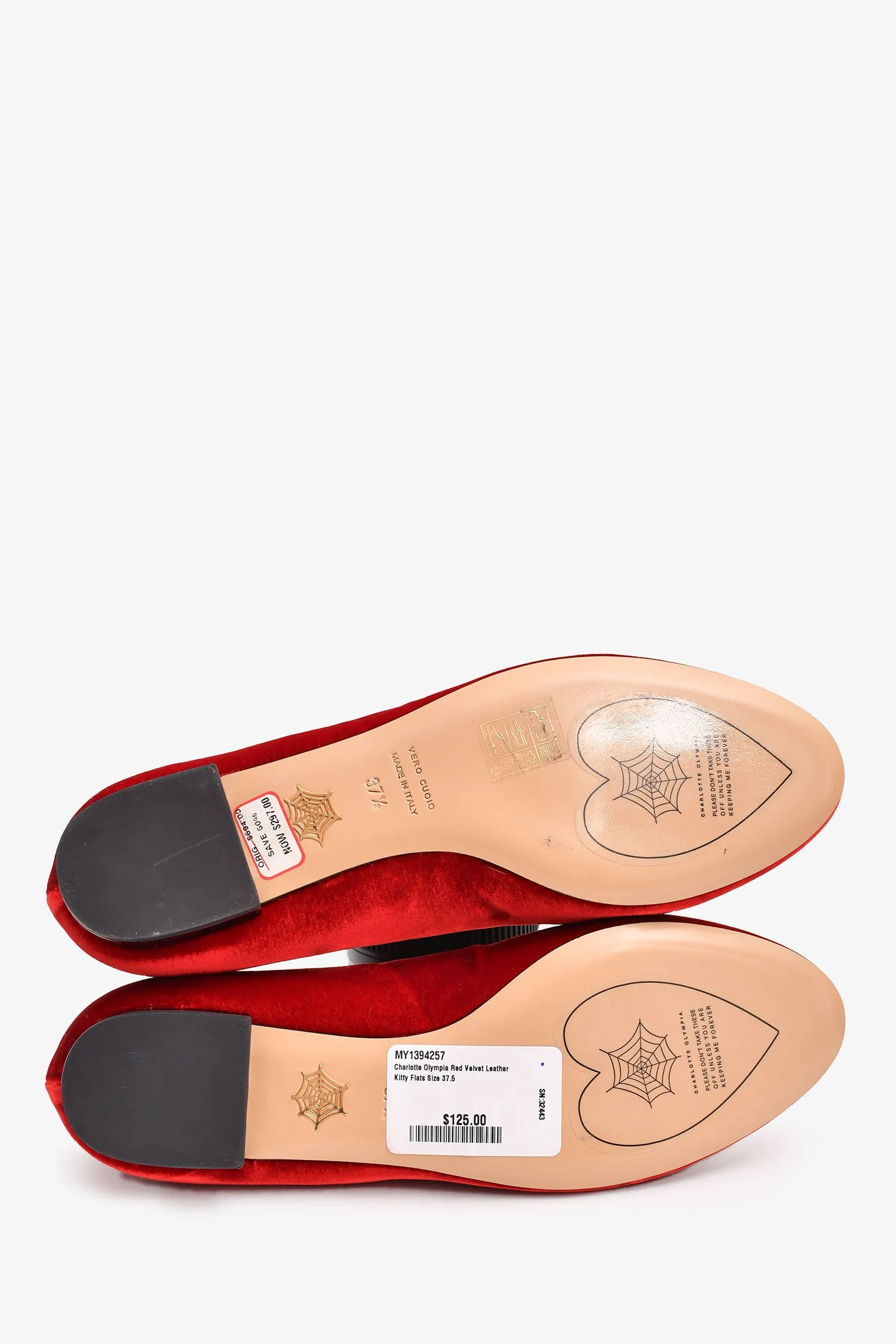 Charlotte Olympia Red Velvet Leather Kitty Flats Size 37.5