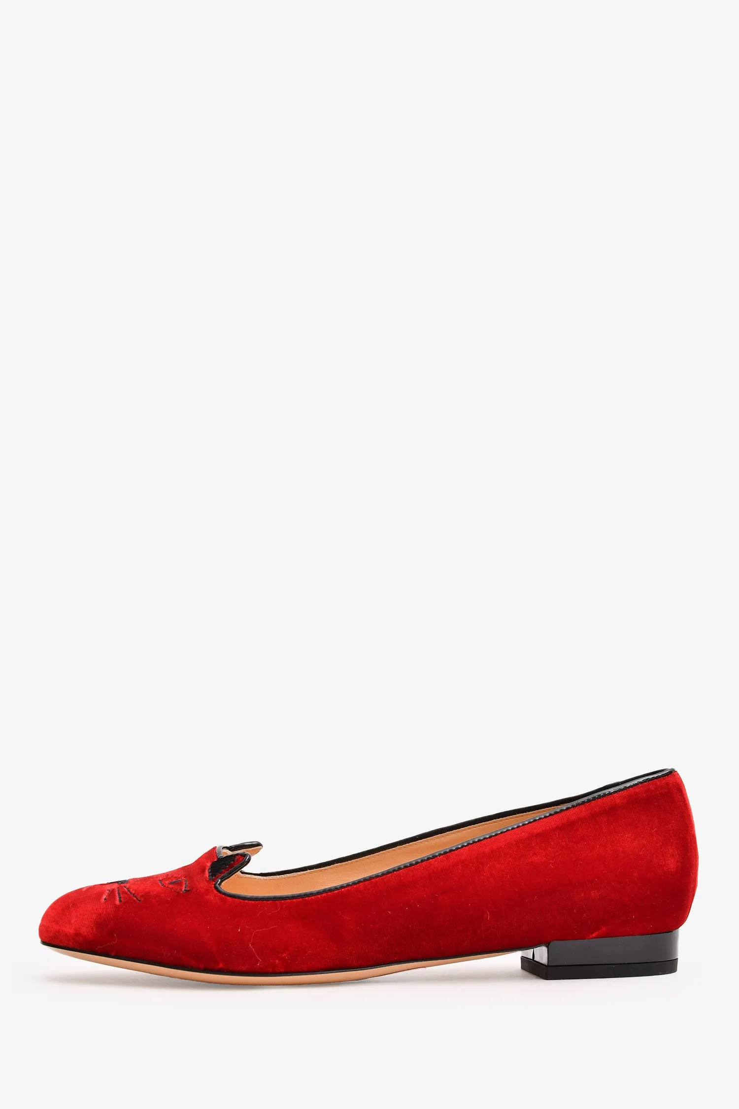 Charlotte Olympia Red Velvet Leather Kitty Flats Size 37.5