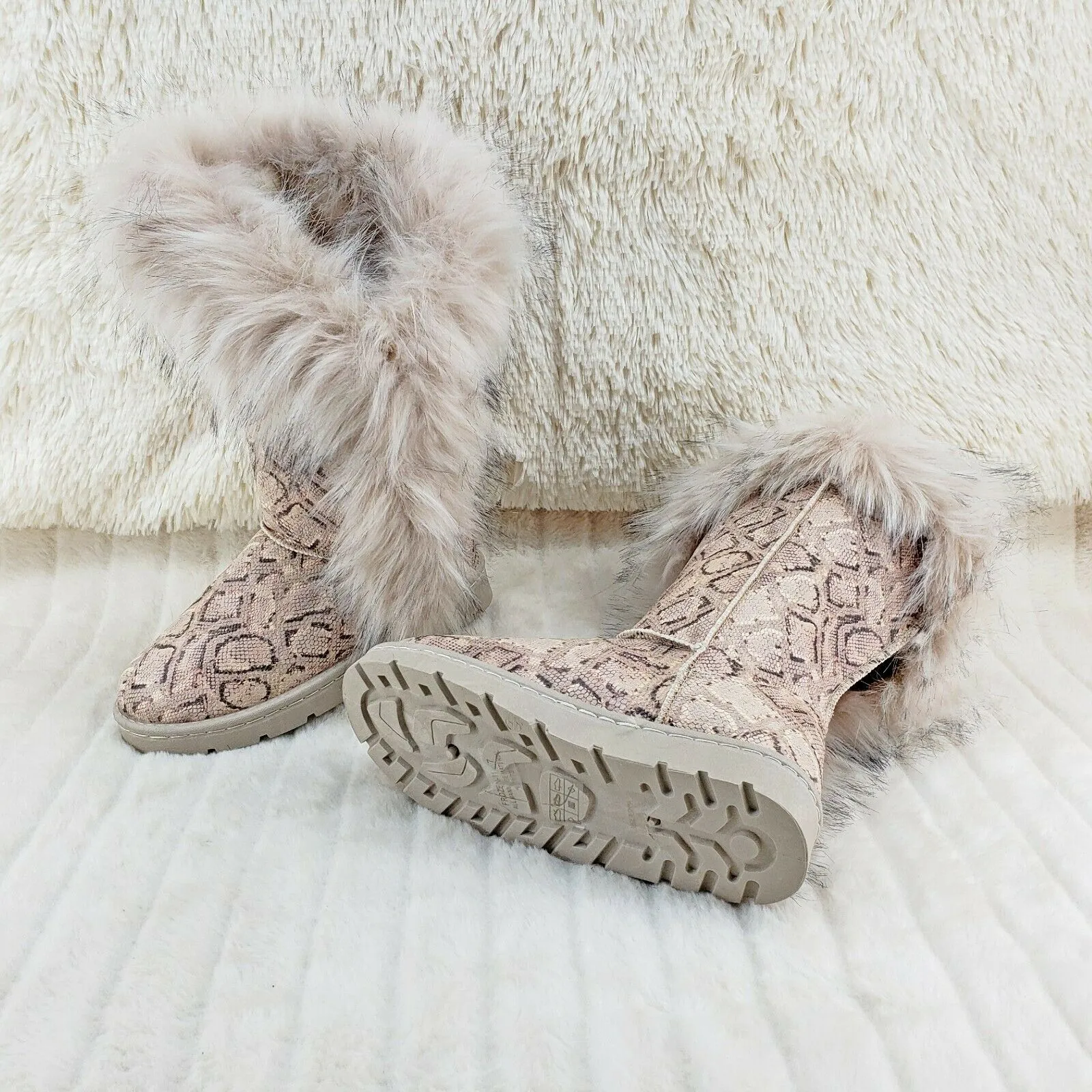 Chi Chi Tall Furry Snake Beige Faux Fur Lined Flat Winter Boots US Women's