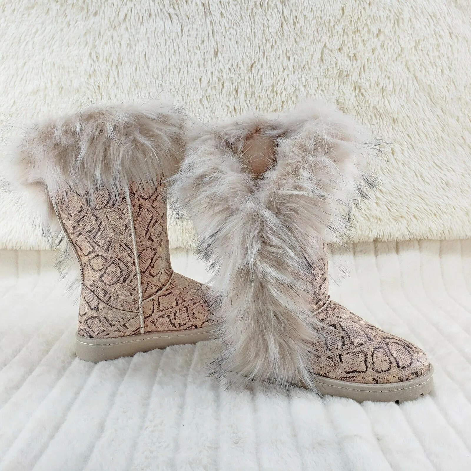 Chi Chi Tall Furry Snake Beige Faux Fur Lined Flat Winter Boots US Women's