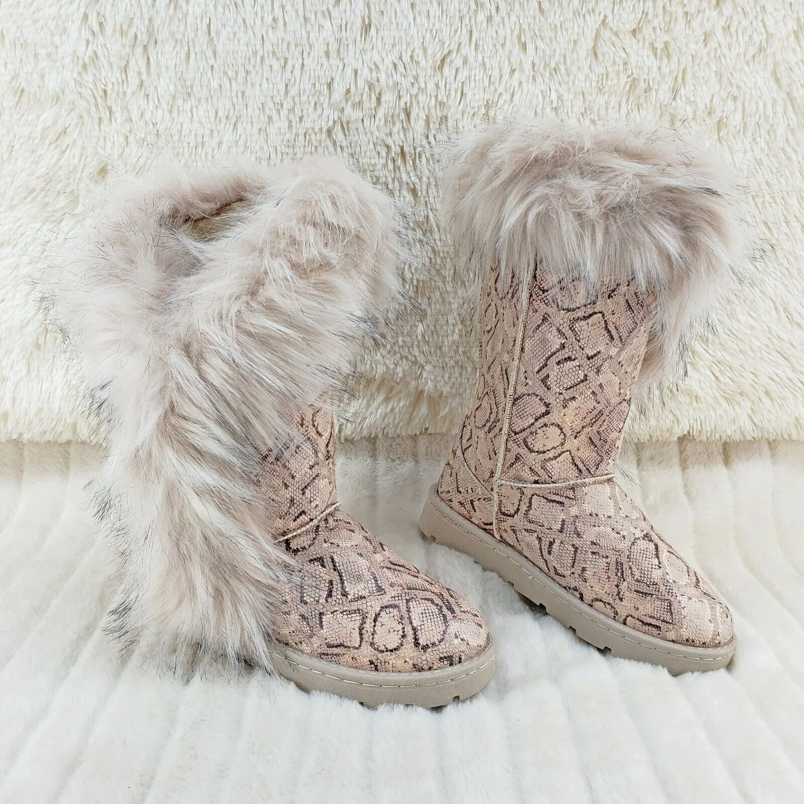 Chi Chi Tall Furry Snake Beige Faux Fur Lined Flat Winter Boots US Women's