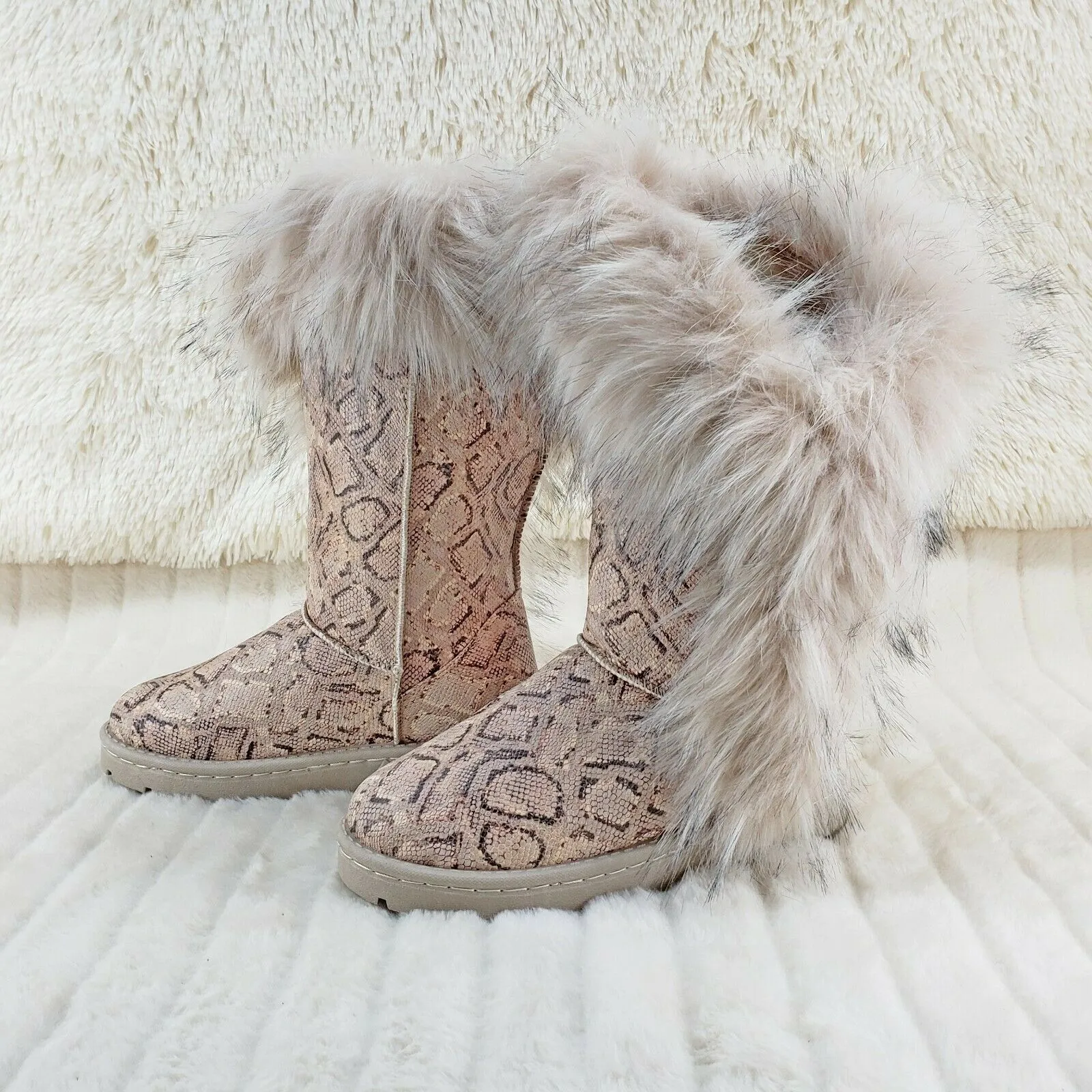 Chi Chi Tall Furry Snake Beige Faux Fur Lined Flat Winter Boots US Women's