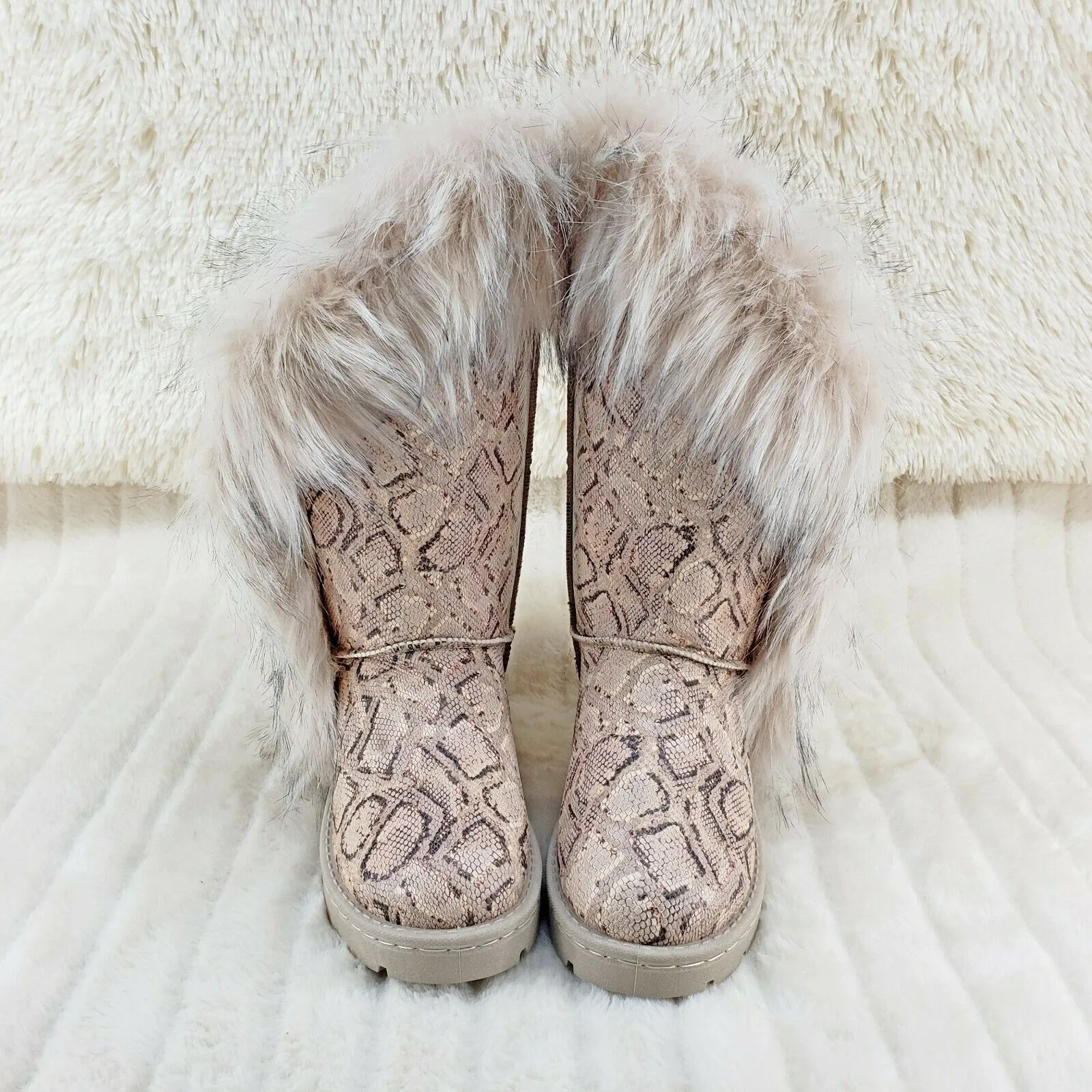 Chi Chi Tall Furry Snake Beige Faux Fur Lined Flat Winter Boots US Women's