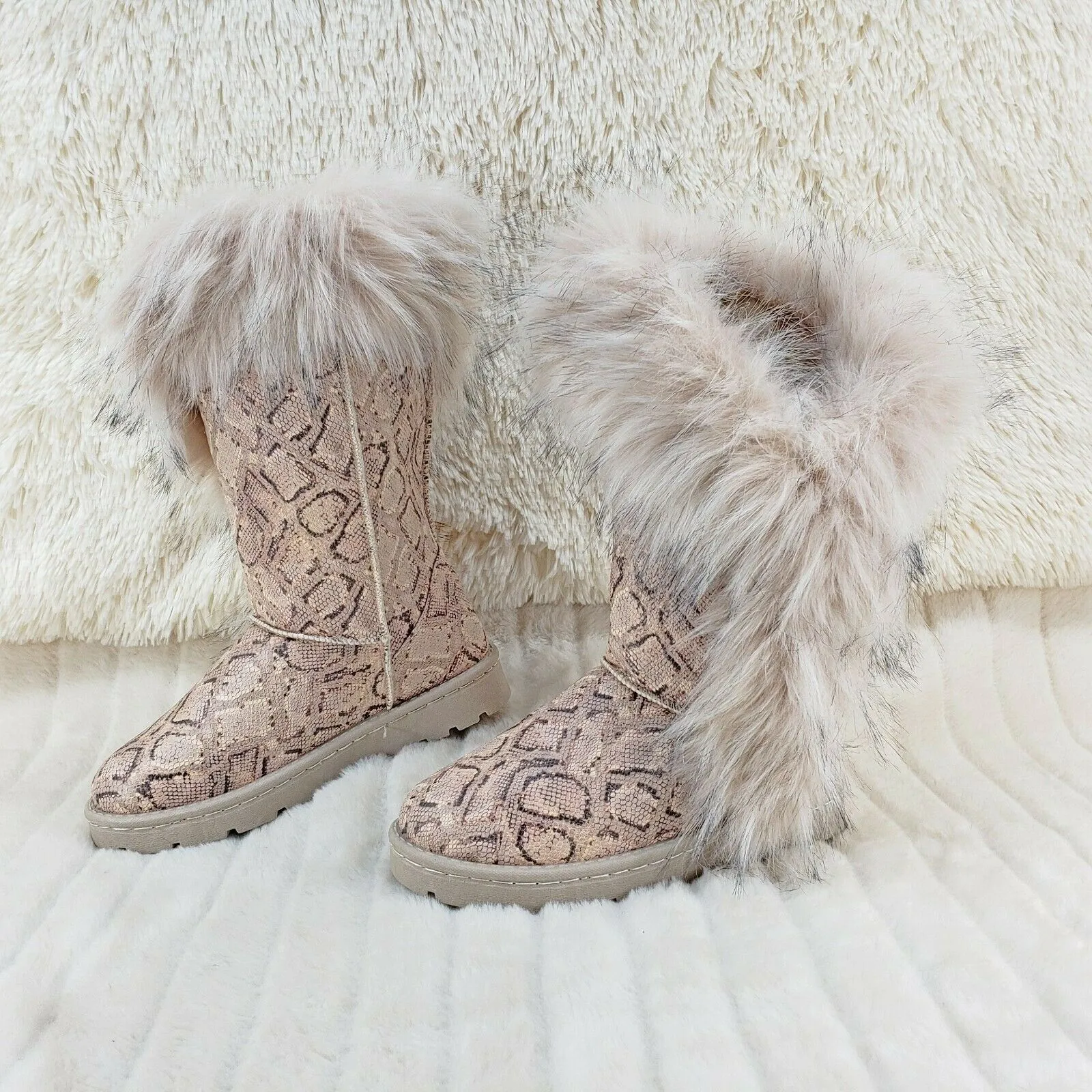 Chi Chi Tall Furry Snake Beige Faux Fur Lined Flat Winter Boots US Women's