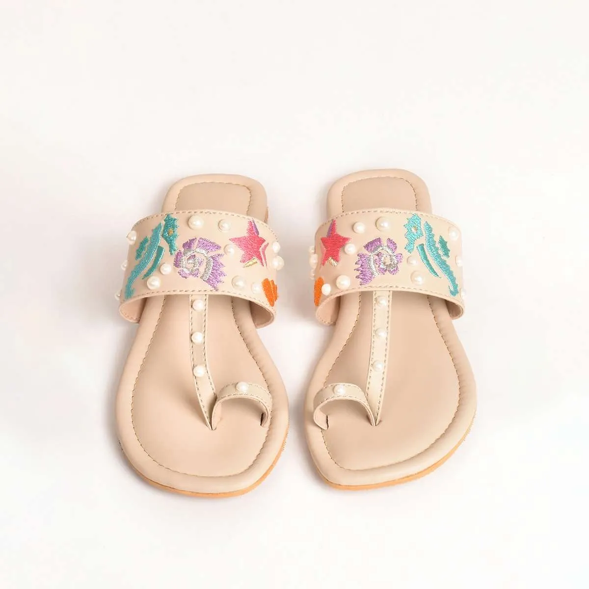 Cream Kolhapuri Flats With Marine Life Embroidery And Pearls By Sole House