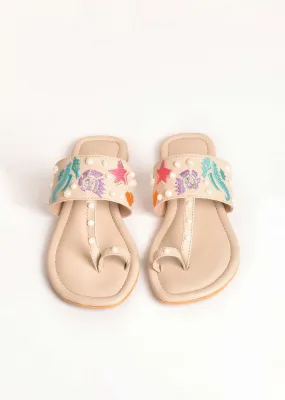 Cream Kolhapuri Flats With Marine Life Embroidery And Pearls By Sole House