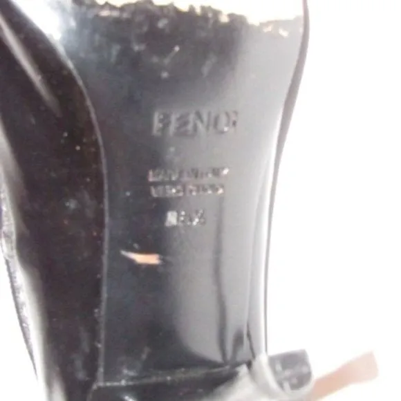 Fendi Glossy Black Leather Open Toe Pumps W Woven Mesh Trim Accents