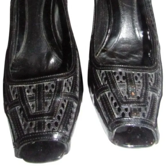Fendi Glossy Black Leather Open Toe Pumps W Woven Mesh Trim Accents