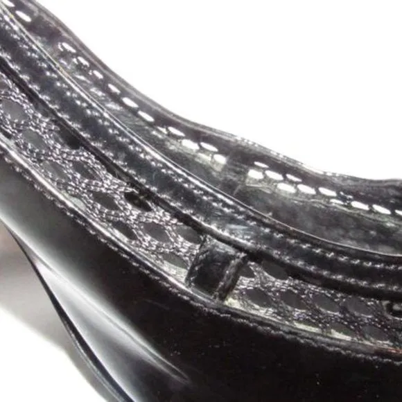 Fendi Glossy Black Leather Open Toe Pumps W Woven Mesh Trim Accents