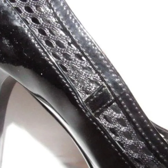 Fendi Glossy Black Leather Open Toe Pumps W Woven Mesh Trim Accents