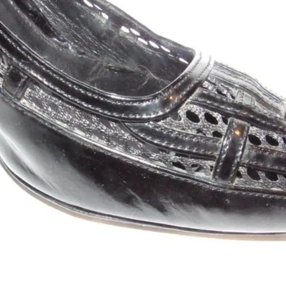 Fendi Glossy Black Leather Open Toe Pumps W Woven Mesh Trim Accents