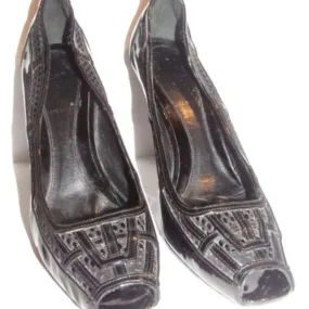 Fendi Glossy Black Leather Open Toe Pumps W Woven Mesh Trim Accents